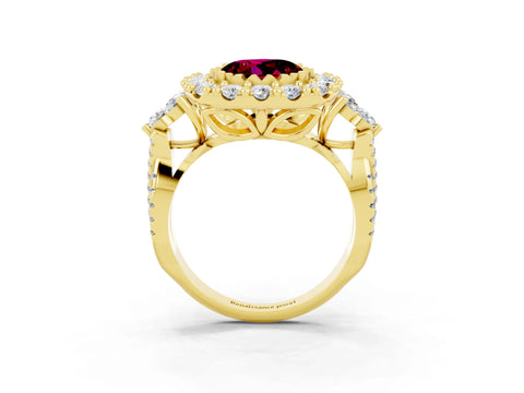 Yellow gold Round Cut Garnet Halo Ring with Pavé Band and Four-Prong Setting_15