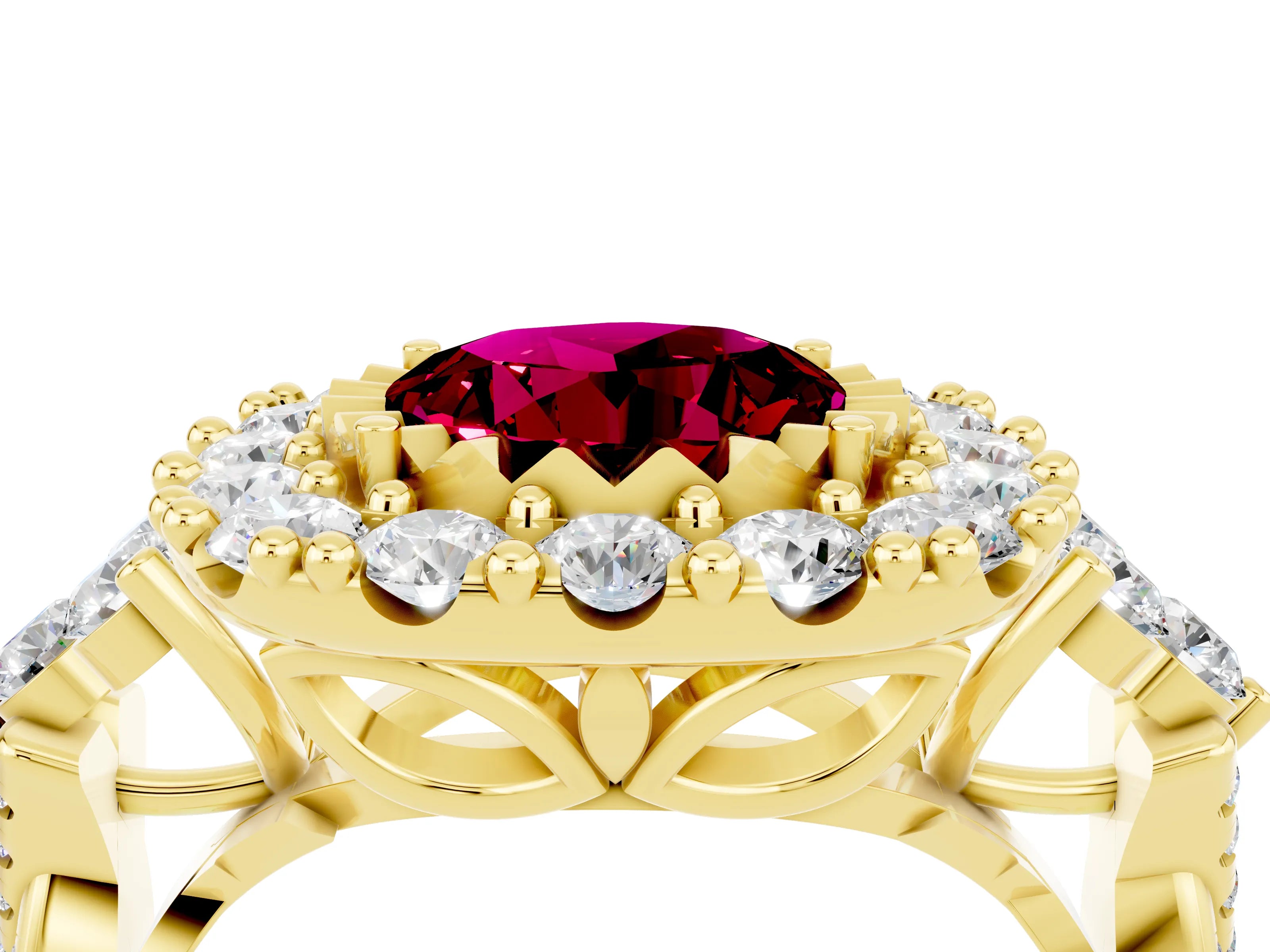 Yellow gold Round Cut Garnet Halo Ring with Pavé Band and Four-Prong Setting_16