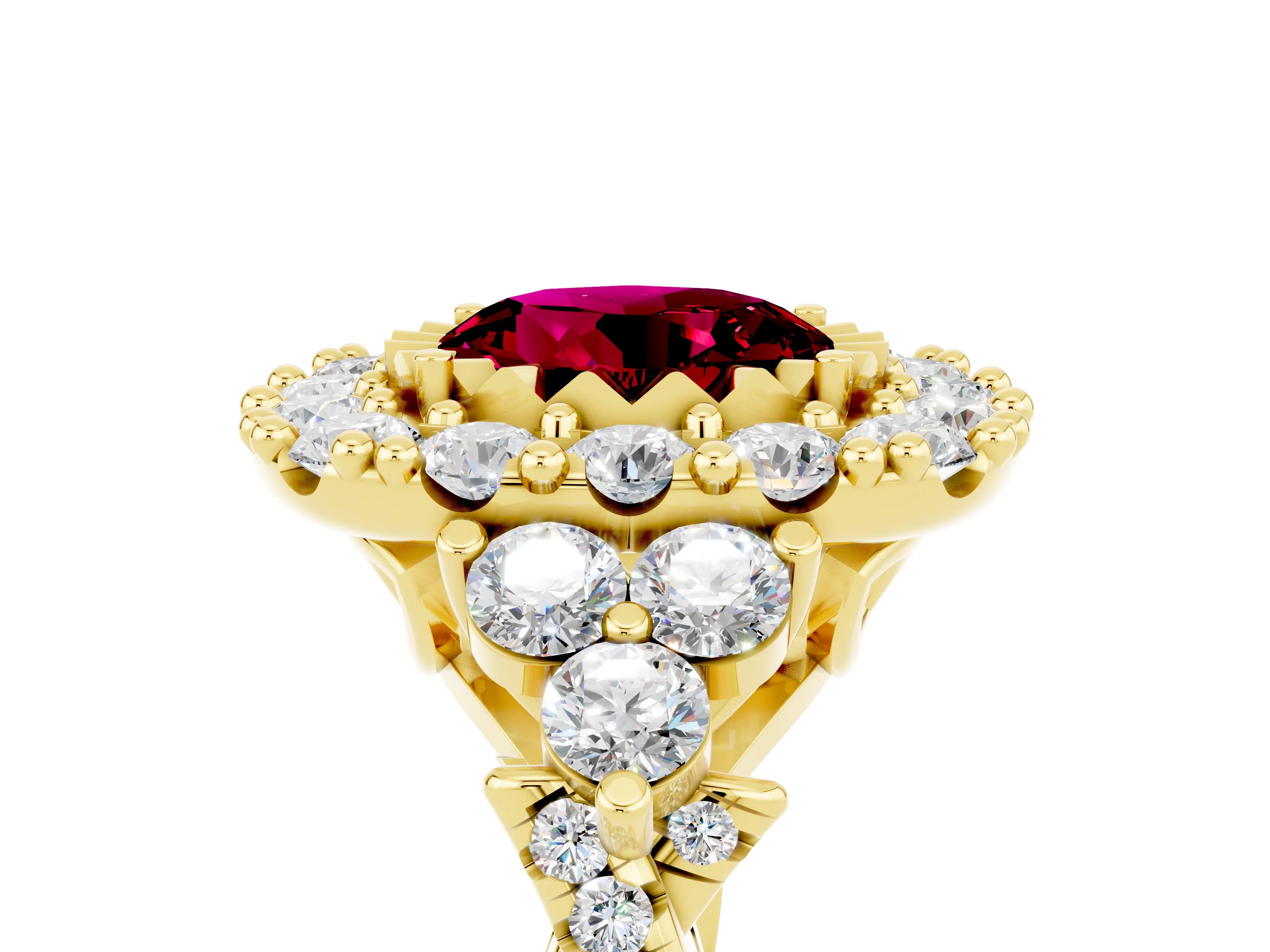 Yellow gold Round Cut Garnet Halo Ring with Pavé Band and Four-Prong Setting_17
