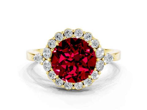 Yellow gold Round Cut Garnet Halo Ring with Pear Side Stones and Prong Setting_12
