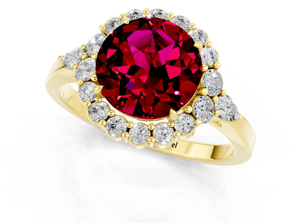 Yellow gold Round Cut Garnet Halo Ring with Pear Side Stones and Prong Setting
