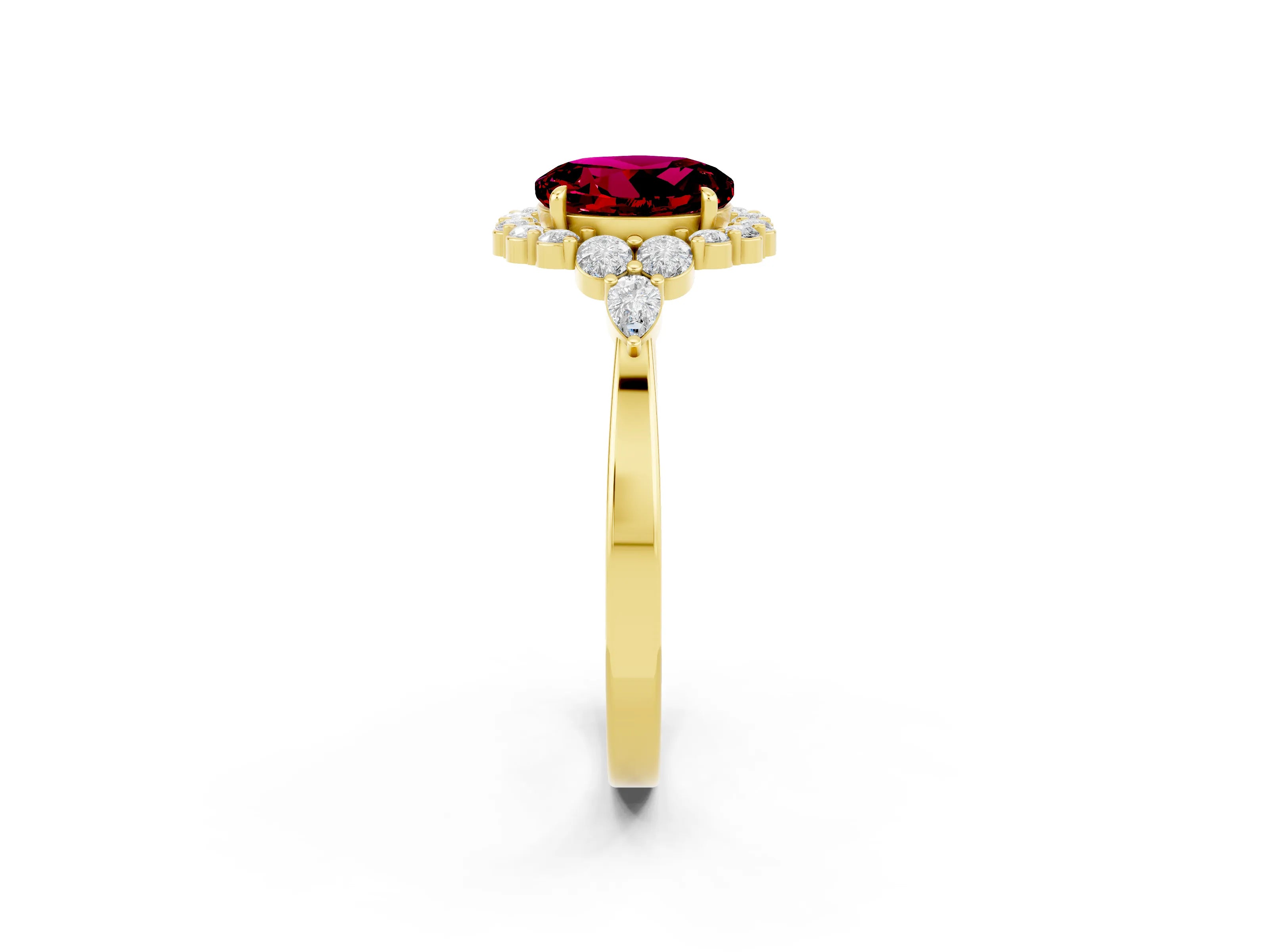 Yellow gold Round Cut Garnet Halo Ring with Pear Side Stones and Prong Setting_14