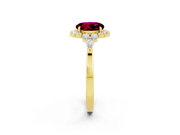 Yellow gold Round Cut Garnet Halo Ring with Pear Side Stones and Prong Setting