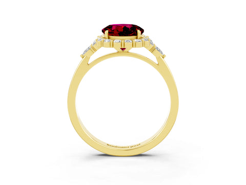 Yellow gold Round Cut Garnet Halo Ring with Pear Side Stones and Prong Setting_15