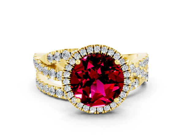 Yellow gold Round Cut Garnet Halo Ring with Round Split Shank and Prong Setting