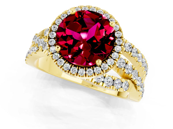 Yellow gold Round Cut Garnet Halo Ring with Round Split Shank and Prong Setting
