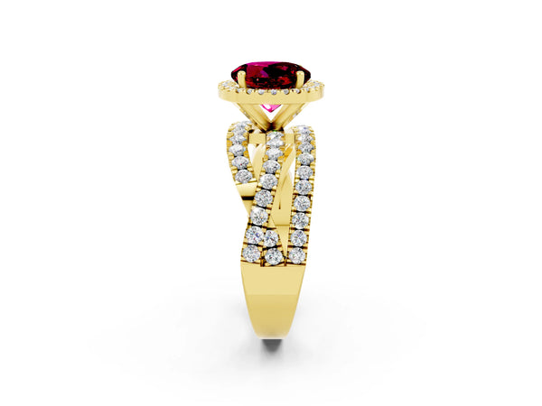 Yellow gold Round Cut Garnet Halo Ring with Round Split Shank and Prong Setting