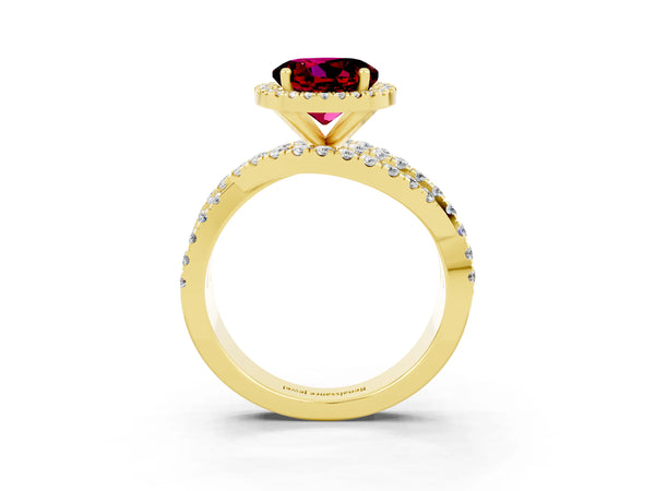 Yellow gold Round Cut Garnet Halo Ring with Round Split Shank and Prong Setting