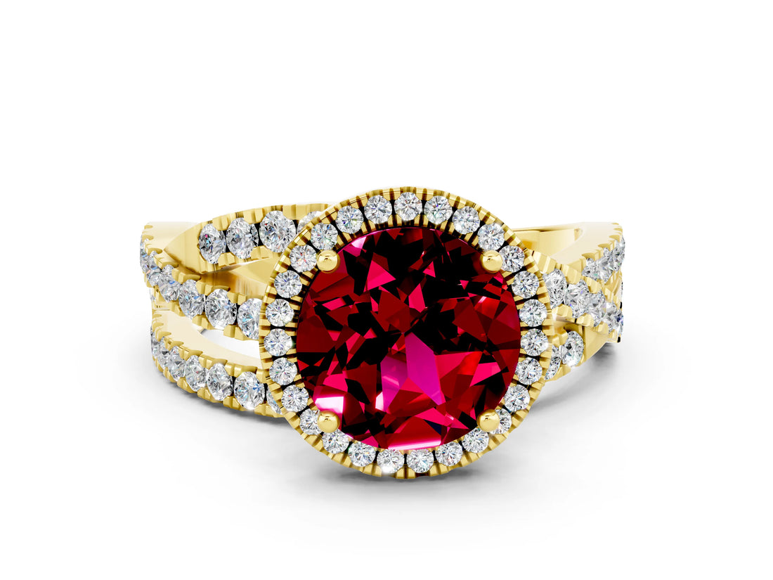 Yellow gold Round Cut Garnet Halo Ring with Round Split Shank and Prong Setting_48
