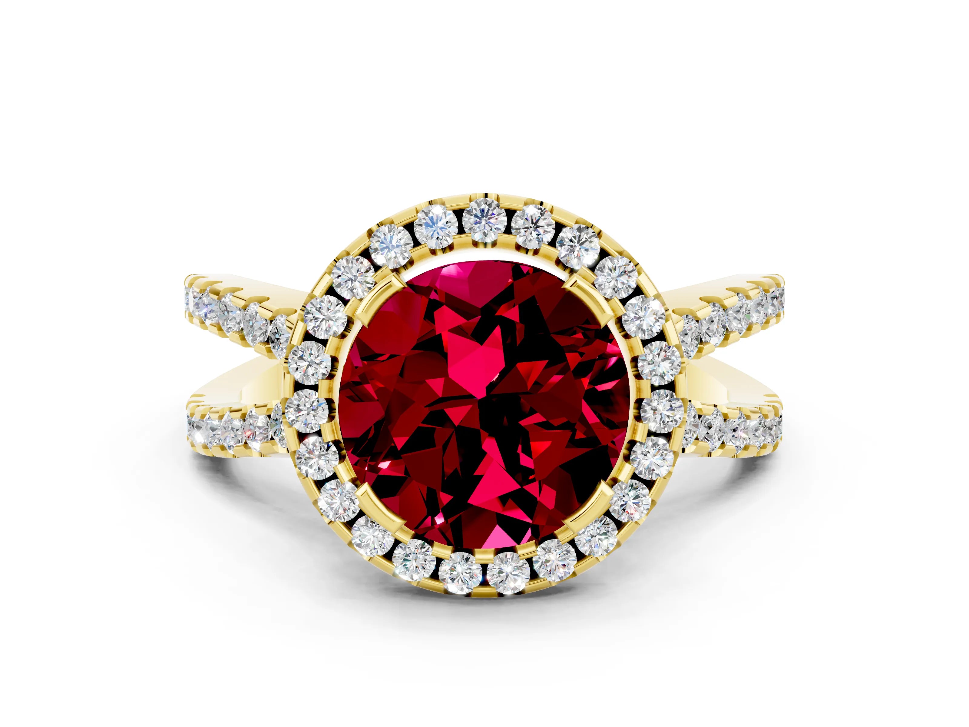 Yellow gold Round Cut Garnet Halo Ring with Split Shank Pavé Band and Prong Setting