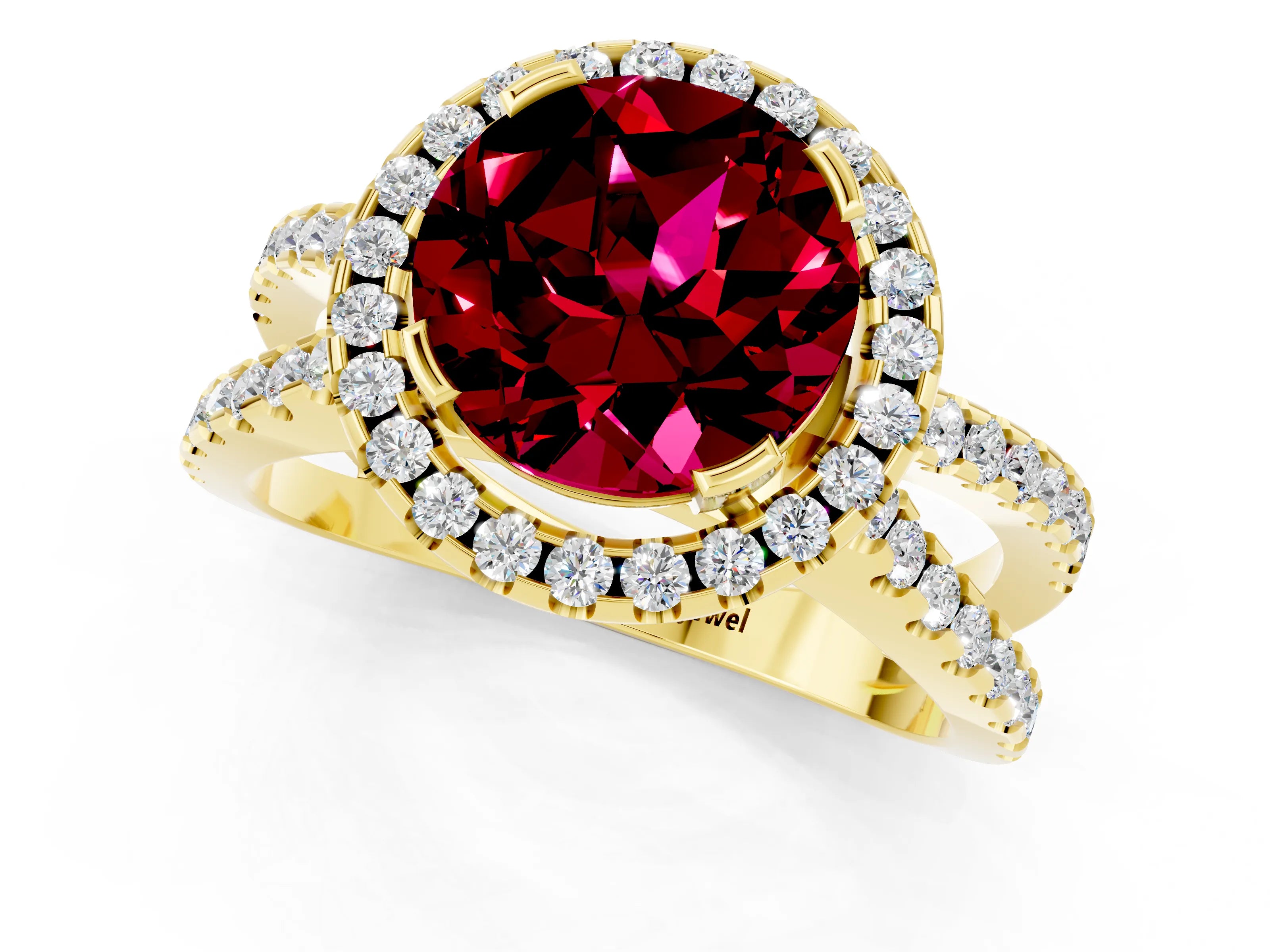 Yellow gold Round Cut Garnet Halo Ring with Split Shank Pavé Band and Prong Setting_1