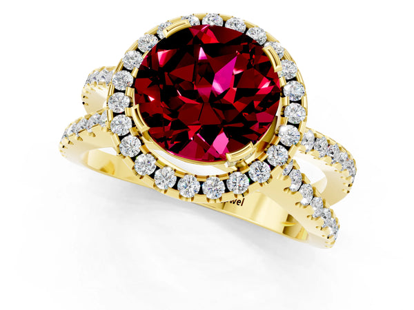 Yellow gold Round Cut Garnet Halo Ring with Split Shank Pavé Band and Prong Setting