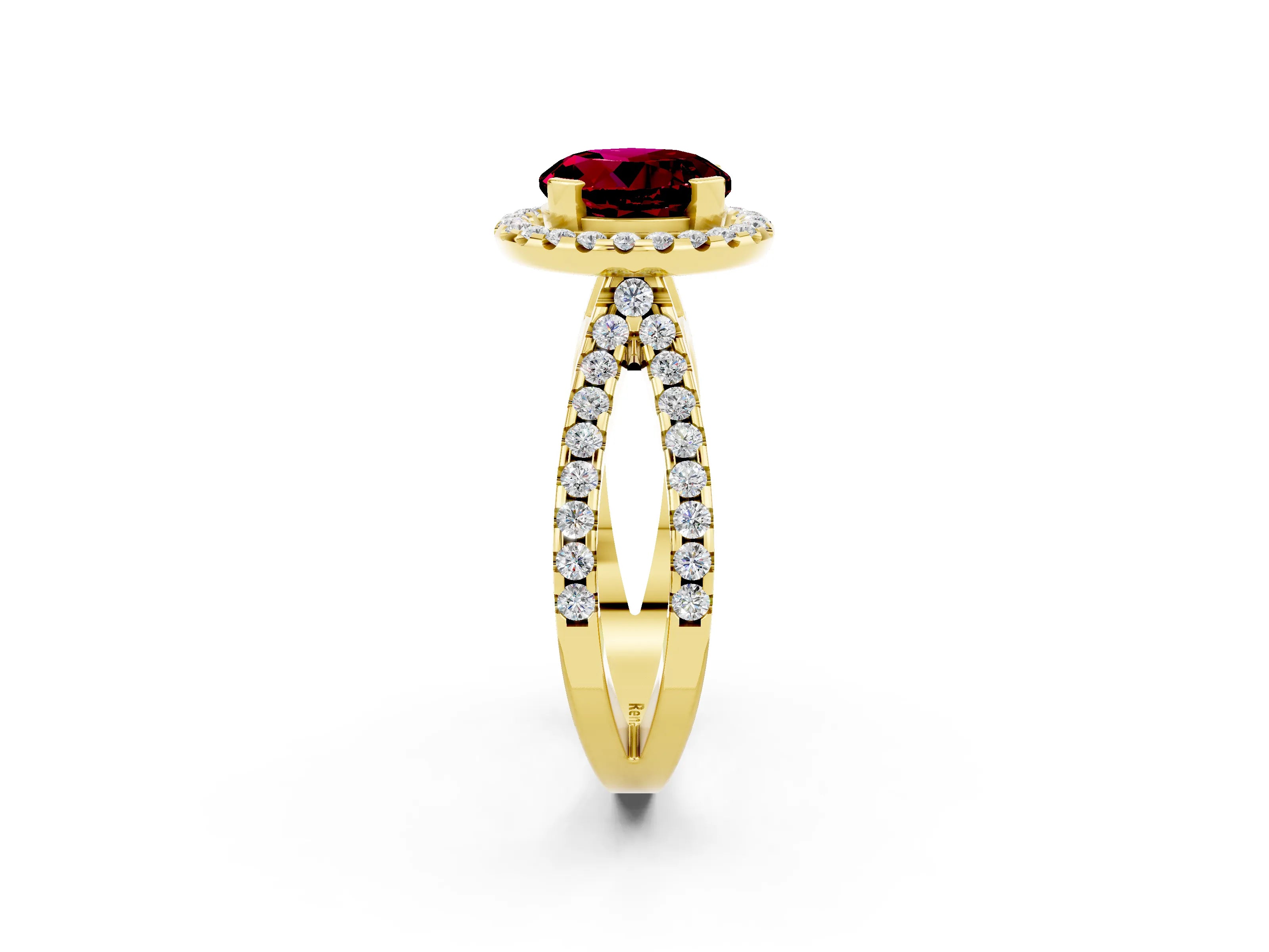 Yellow gold Round Cut Garnet Halo Ring with Split Shank Pavé Band and Prong Setting_2