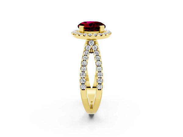 Yellow gold Round Cut Garnet Halo Ring with Split Shank Pavé Band and Prong Setting