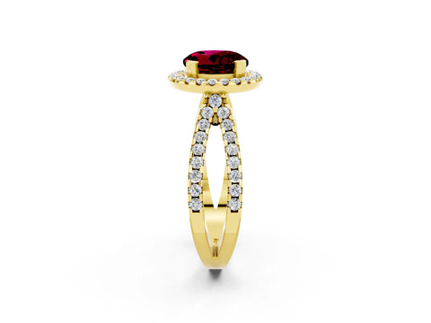 Yellow gold Round Cut Garnet Halo Ring with Split Shank Pavé Band and Prong Setting_2