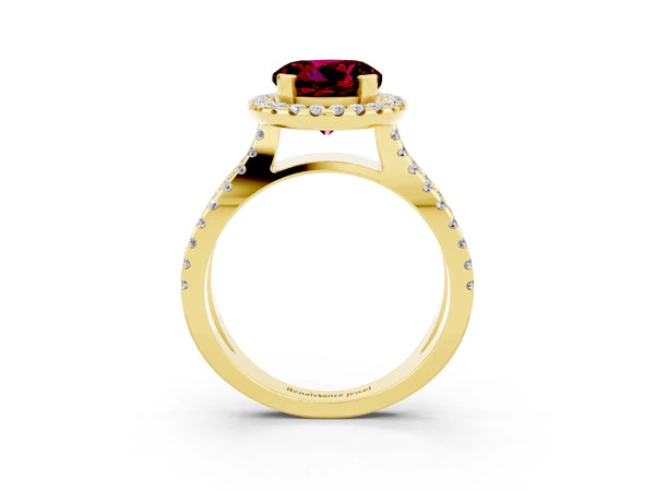 Yellow gold Round Cut Garnet Halo Ring with Split Shank Pavé Band and Prong Setting