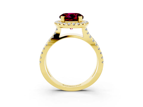 Yellow gold Round Cut Garnet Halo Ring with Split Shank Pavé Band and Prong Setting_3