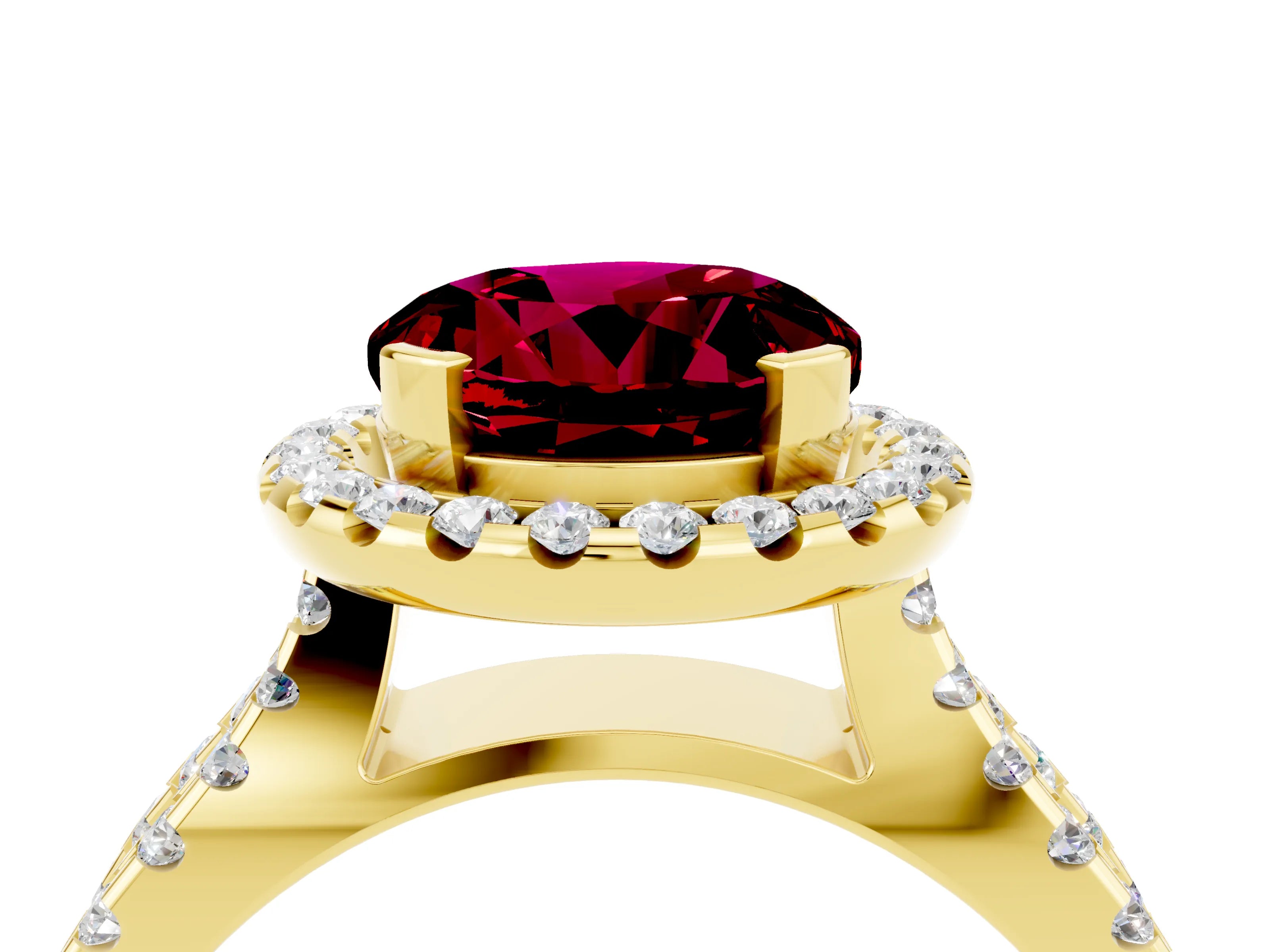 Yellow gold Round Cut Garnet Halo Ring with Split Shank Pavé Band and Prong Setting_4