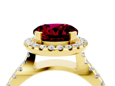 Yellow gold Round Cut Garnet Halo Ring with Split Shank Pavé Band and Prong Setting_4