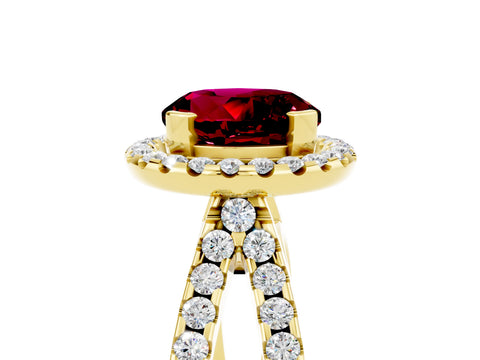 Yellow gold Round Cut Garnet Halo Ring with Split Shank Pavé Band and Prong Setting_5