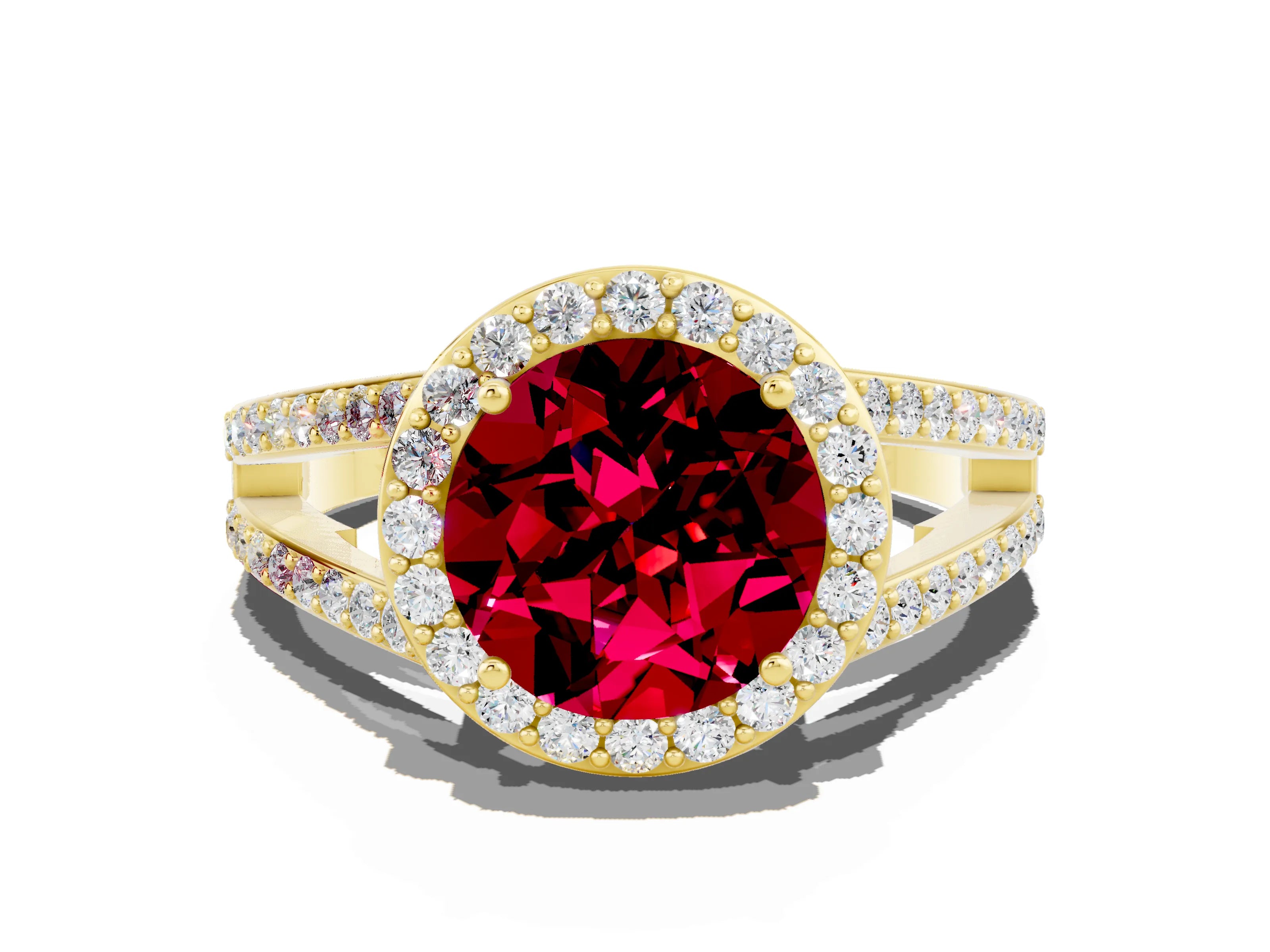 Yellow gold Round Cut Garnet Halo Ring with Split Shank U-Prong Band and Four-Prong Setting