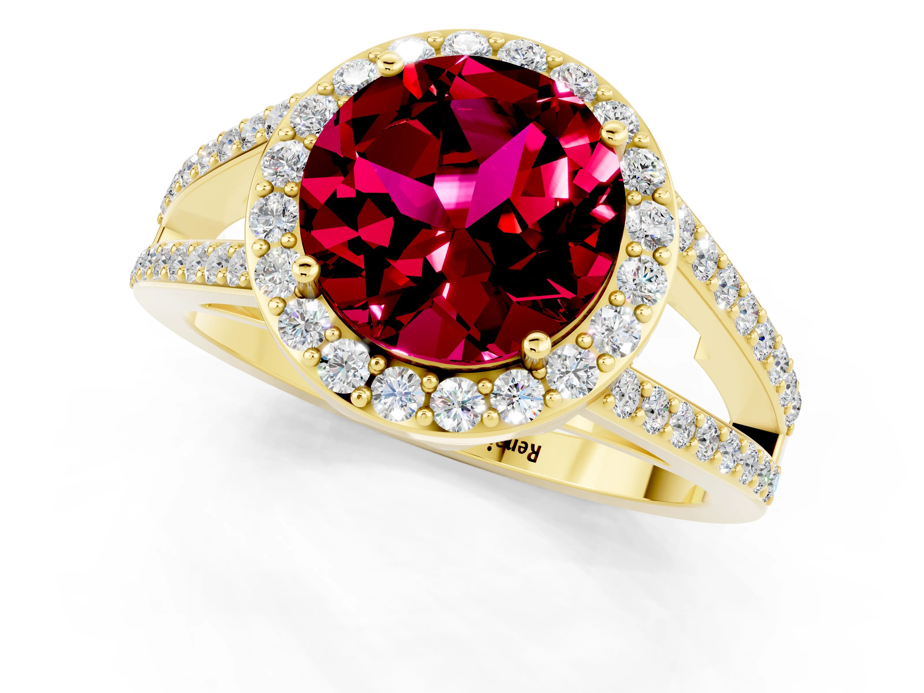 Yellow gold Round Cut Garnet Halo Ring with Split Shank U-Prong Band and Four-Prong Setting_1