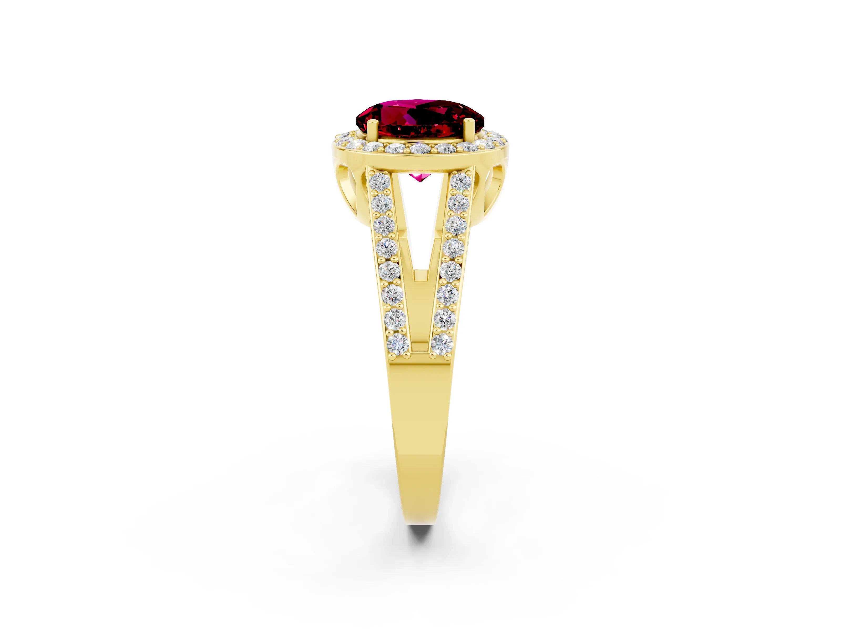 Yellow gold Round Cut Garnet Halo Ring with Split Shank U-Prong Band and Four-Prong Setting_2