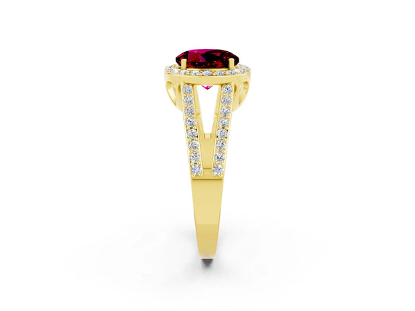 Yellow gold Round Cut Garnet Halo Ring with Split Shank U-Prong Band and Four-Prong Setting