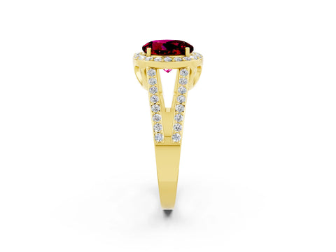 Yellow gold Round Cut Garnet Halo Ring with Split Shank U-Prong Band and Four-Prong Setting_2