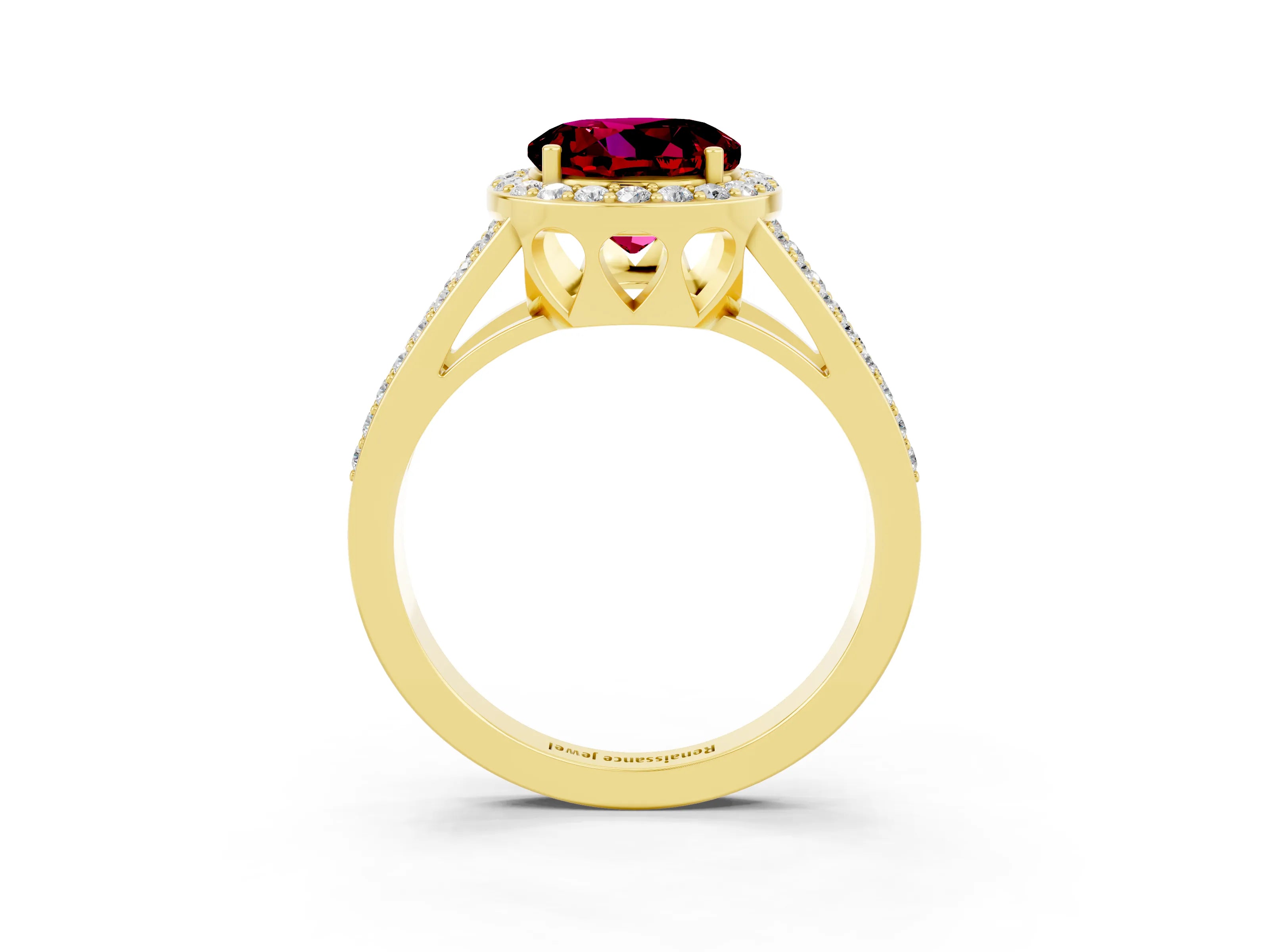 Yellow gold Round Cut Garnet Halo Ring with Split Shank U-Prong Band and Four-Prong Setting_3
