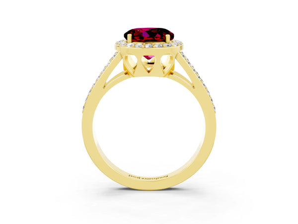 Yellow gold Round Cut Garnet Halo Ring with Split Shank U-Prong Band and Four-Prong Setting