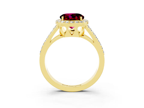 Yellow gold Round Cut Garnet Halo Ring with Split Shank U-Prong Band and Four-Prong Setting_3