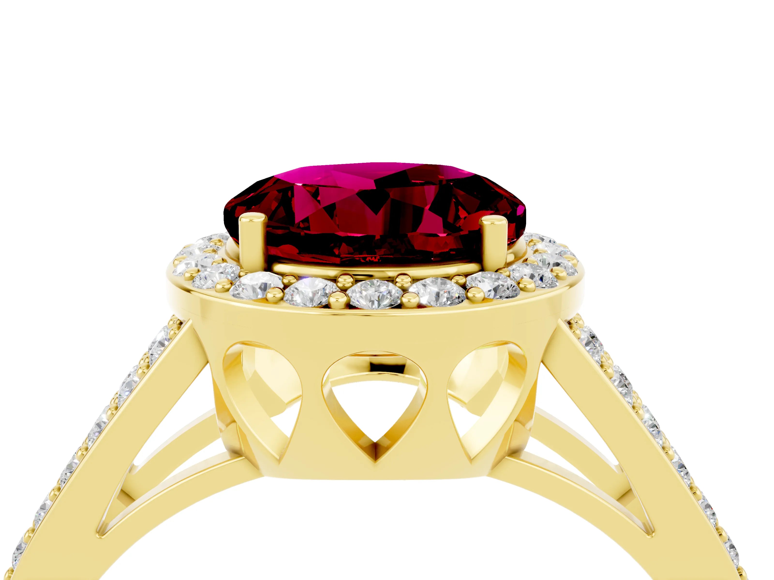 Yellow gold Round Cut Garnet Halo Ring with Split Shank U-Prong Band and Four-Prong Setting_4