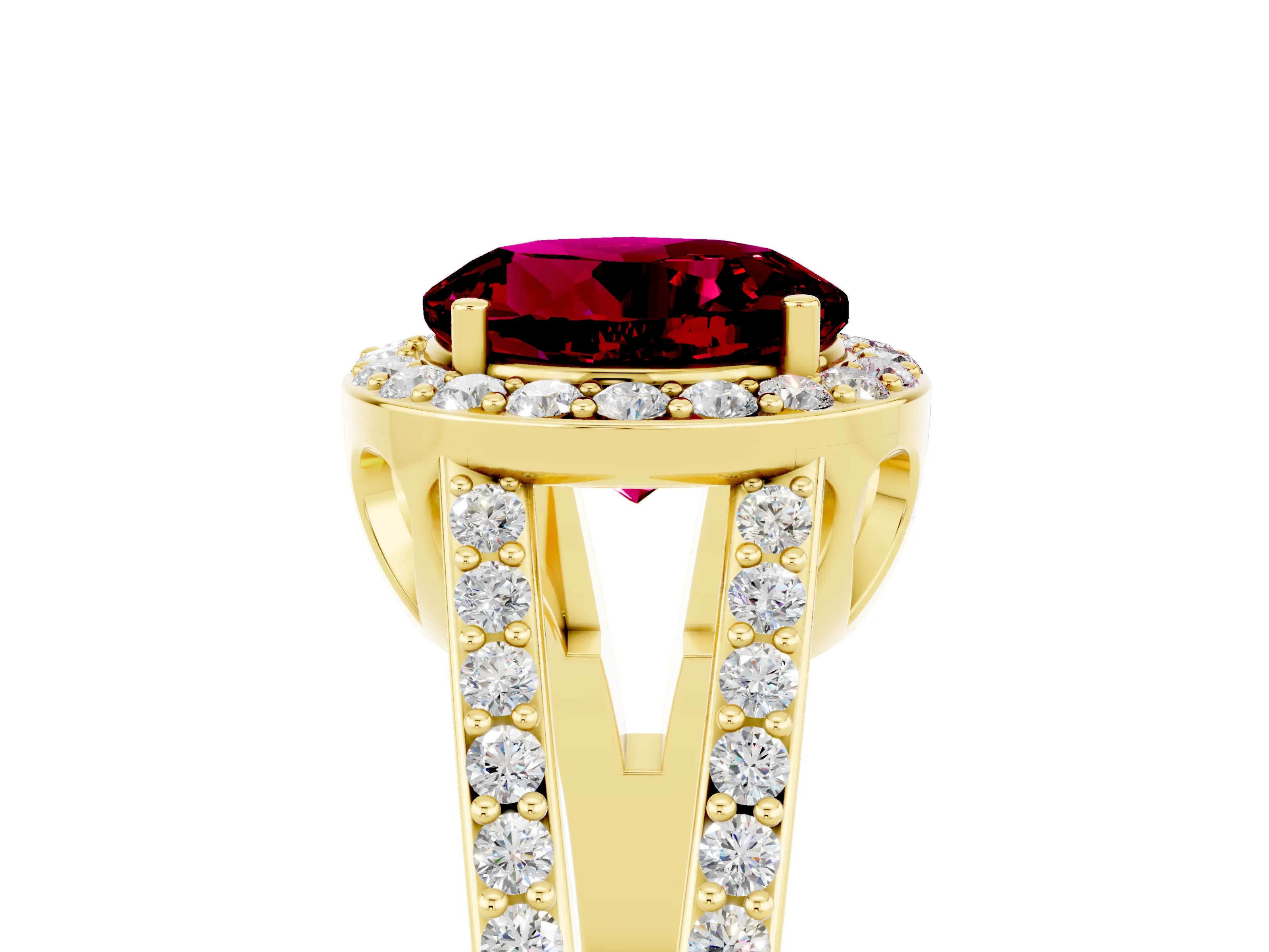 Yellow gold Round Cut Garnet Halo Ring with Split Shank U-Prong Band and Four-Prong Setting_5