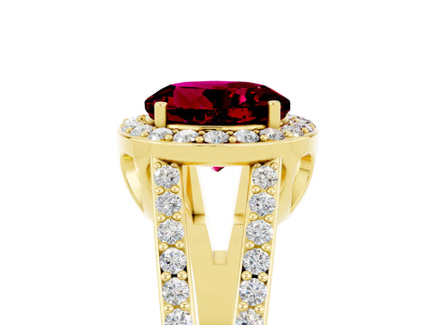 Yellow gold Round Cut Garnet Halo Ring with Split Shank U-Prong Band and Four-Prong Setting_5