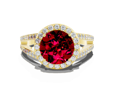 Yellow gold Round Cut Garnet Halo Ring with Split Shank U-Prong Band and Four-Prong Setting