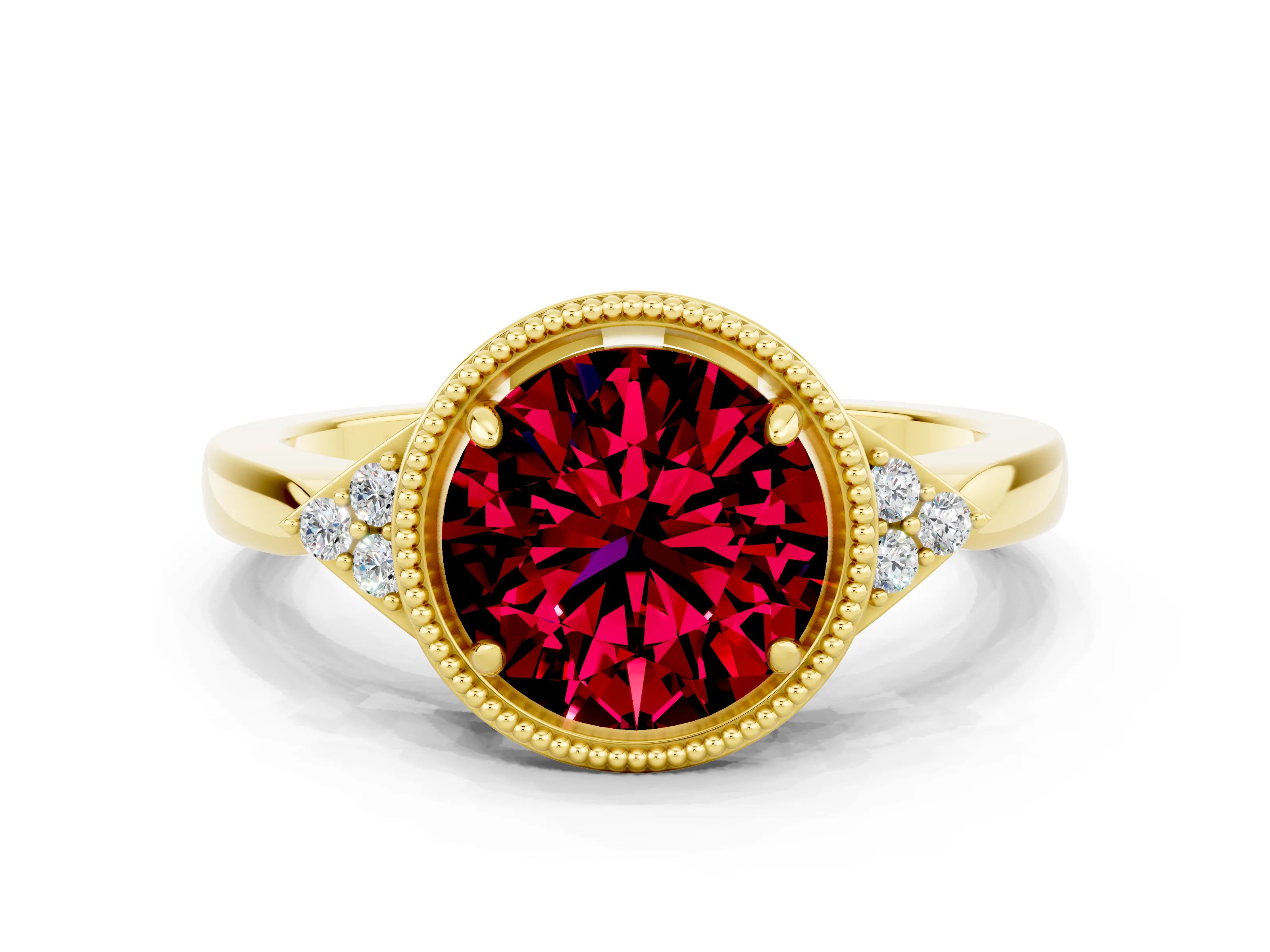 Yellow gold Round Cut Garnet Halo Ring with Tapered Band and Four-Prong Setting