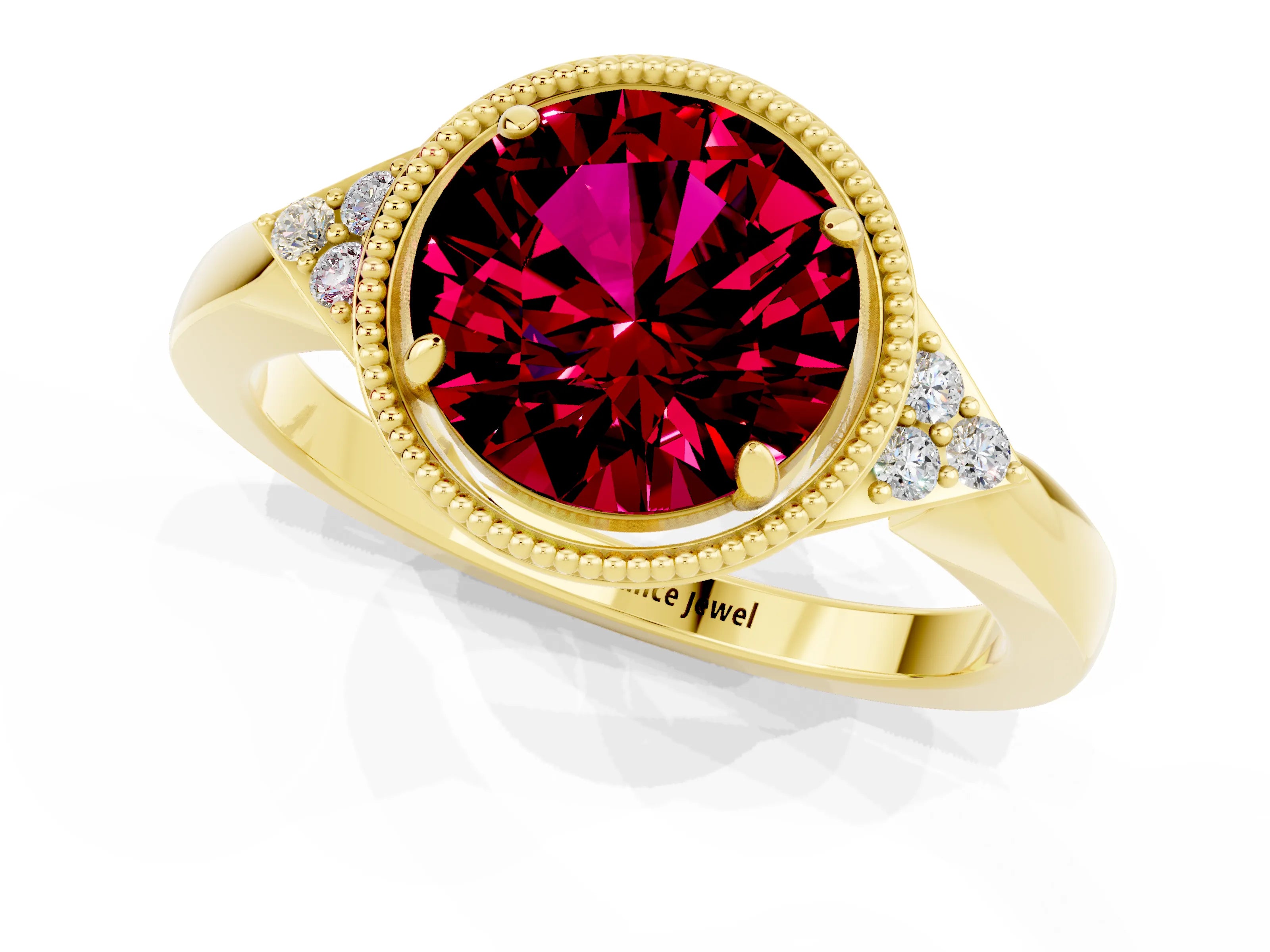 Yellow gold Round Cut Garnet Halo Ring with Tapered Band and Four-Prong Setting_1