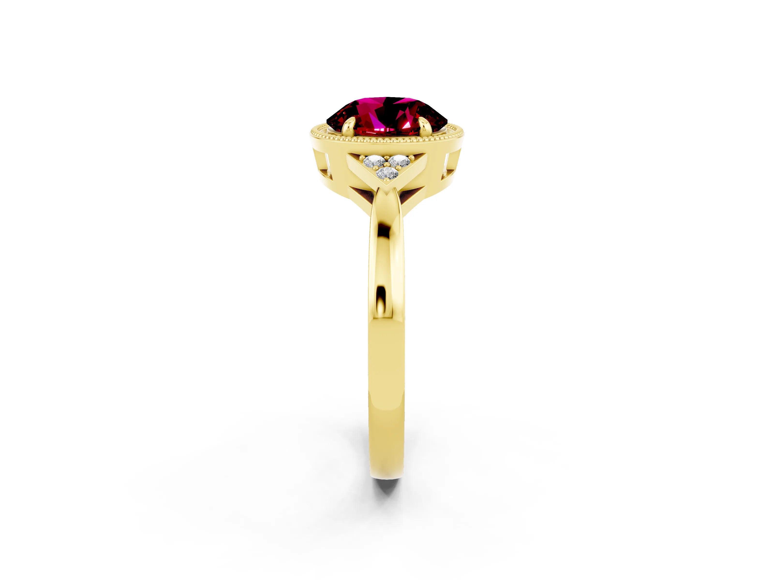 Yellow gold Round Cut Garnet Halo Ring with Tapered Band and Four-Prong Setting_2