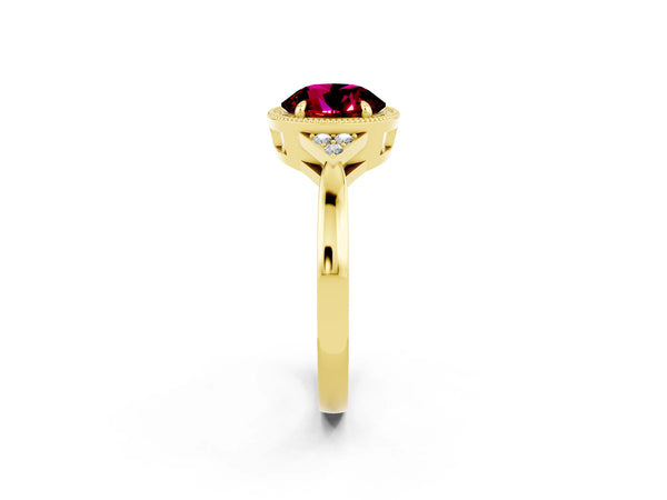 Yellow gold Round Cut Garnet Halo Ring with Tapered Band and Four-Prong Setting