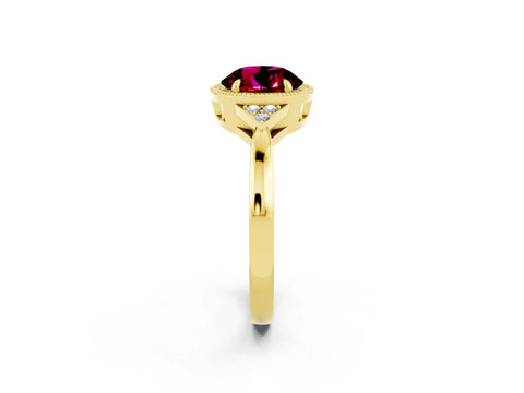Yellow gold Round Cut Garnet Halo Ring with Tapered Band and Four-Prong Setting_2