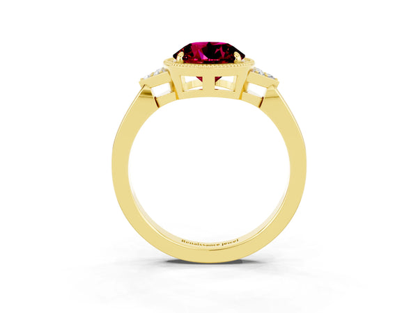 Yellow gold Round Cut Garnet Halo Ring with Tapered Band and Four-Prong Setting