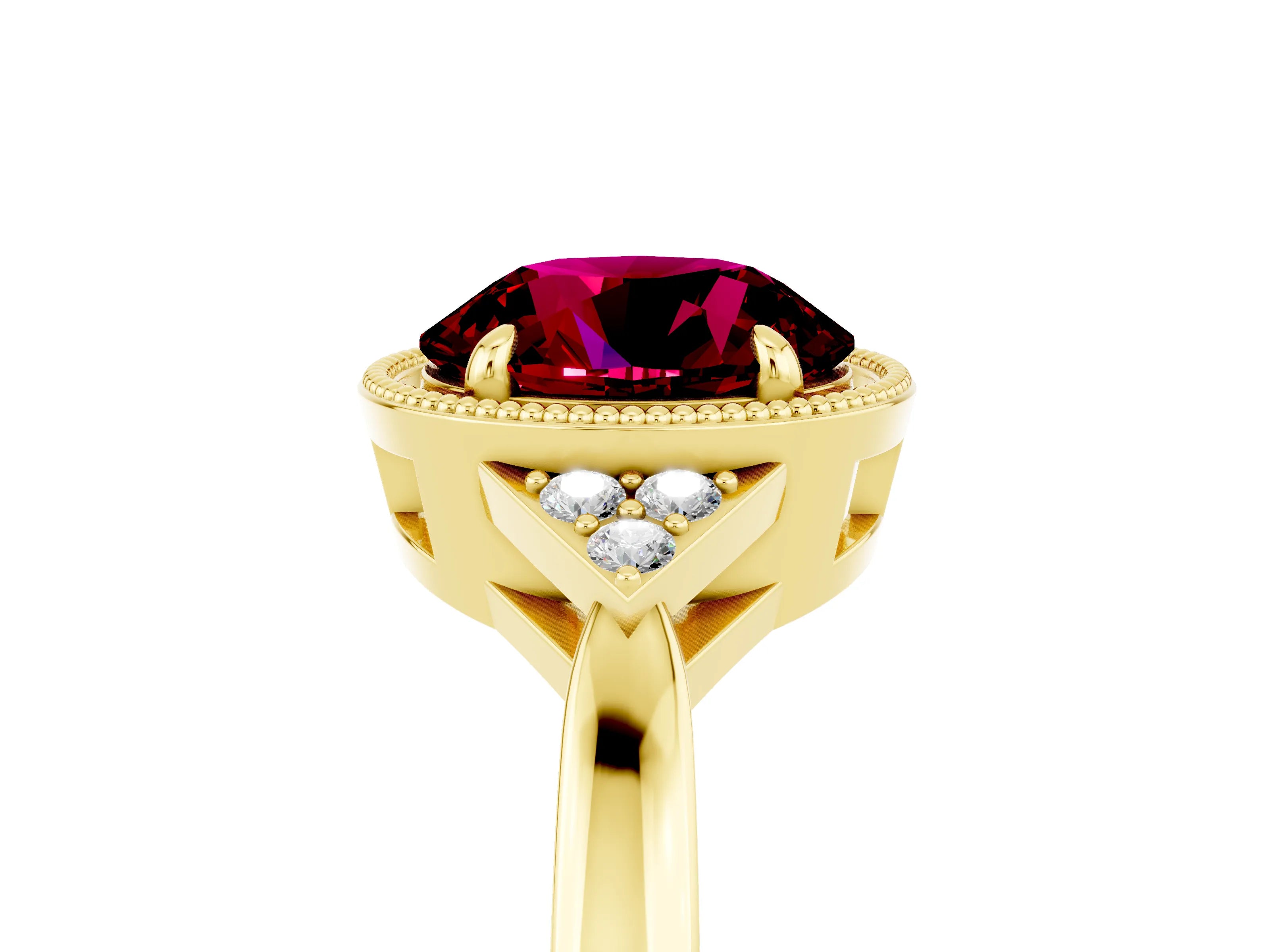 Yellow gold Round Cut Garnet Halo Ring with Tapered Band and Four-Prong Setting_5