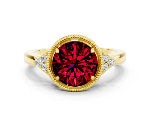 Yellow gold Round Cut Garnet Halo Ring with Tapered Band and Four-Prong Setting