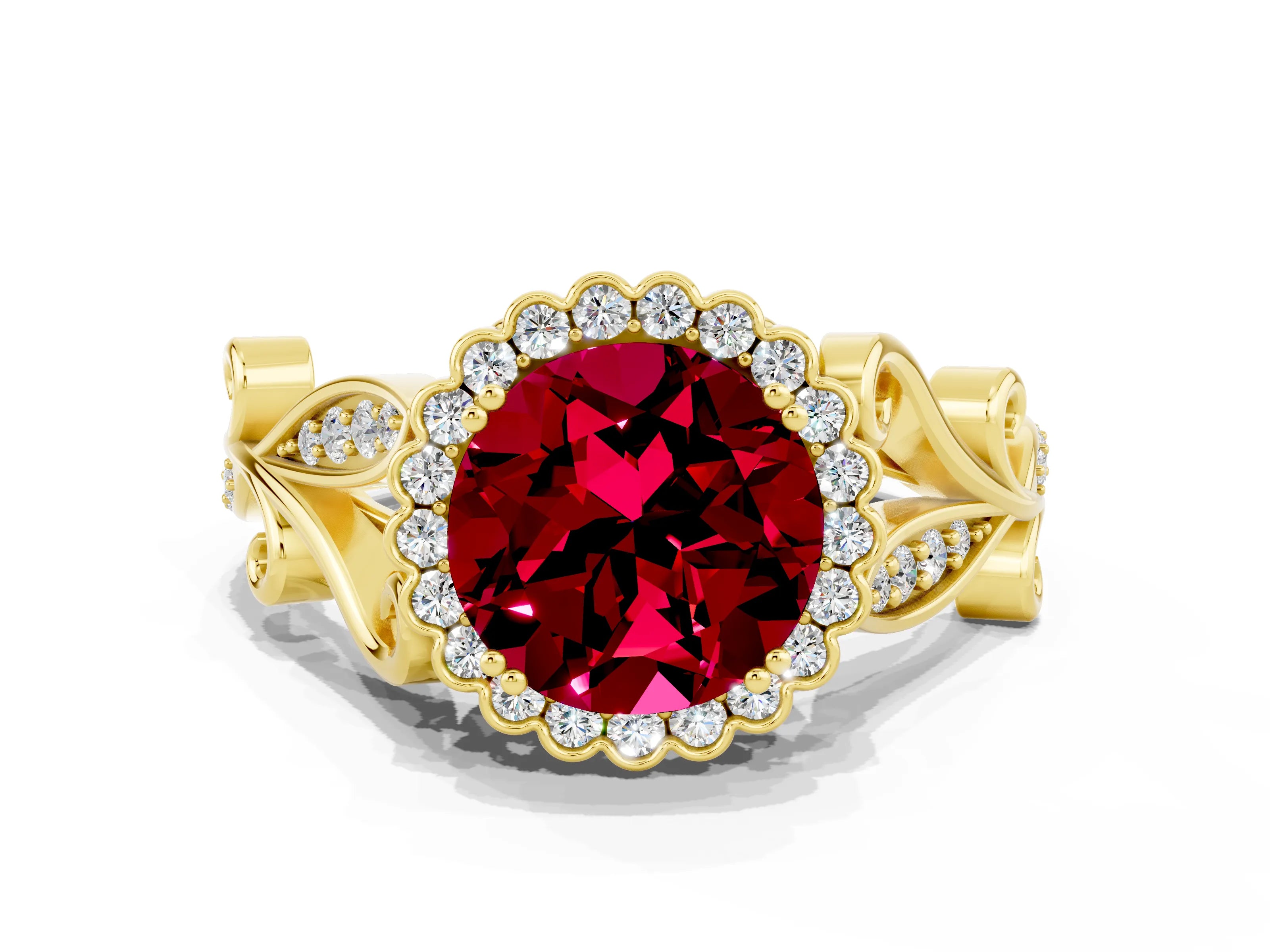 Yellow gold Round Cut Garnet Halo Ring with Vintage Split Shank and Four-Prong Setting_19