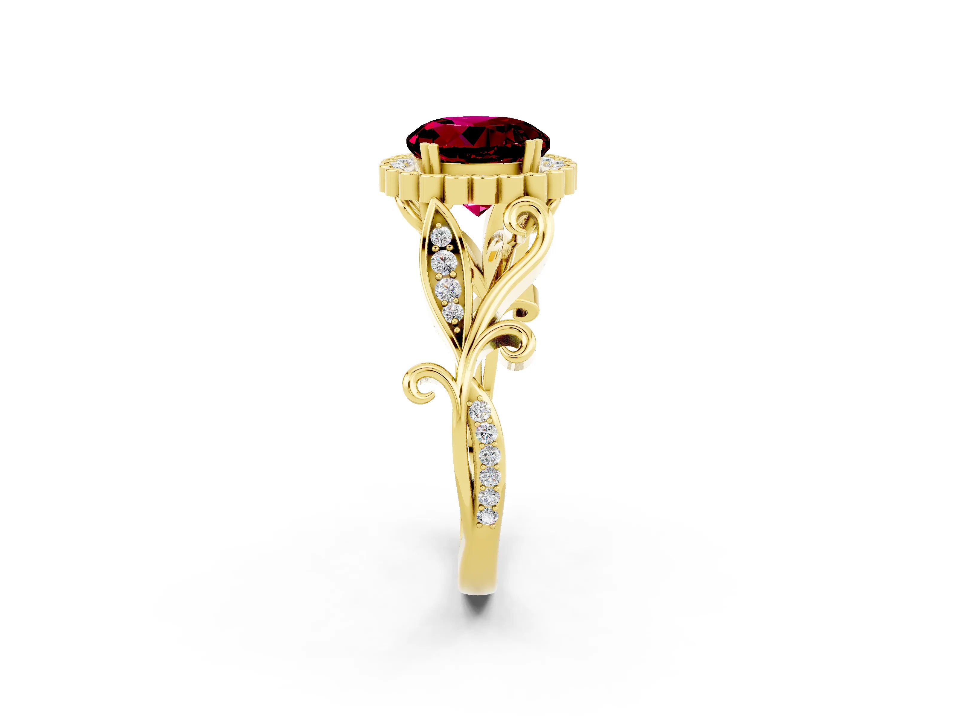 Yellow gold Round Cut Garnet Halo Ring with Vintage Split Shank and Four-Prong Setting_21