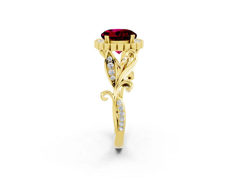 Yellow gold Round Cut Garnet Halo Ring with Vintage Split Shank and Four-Prong Setting_21