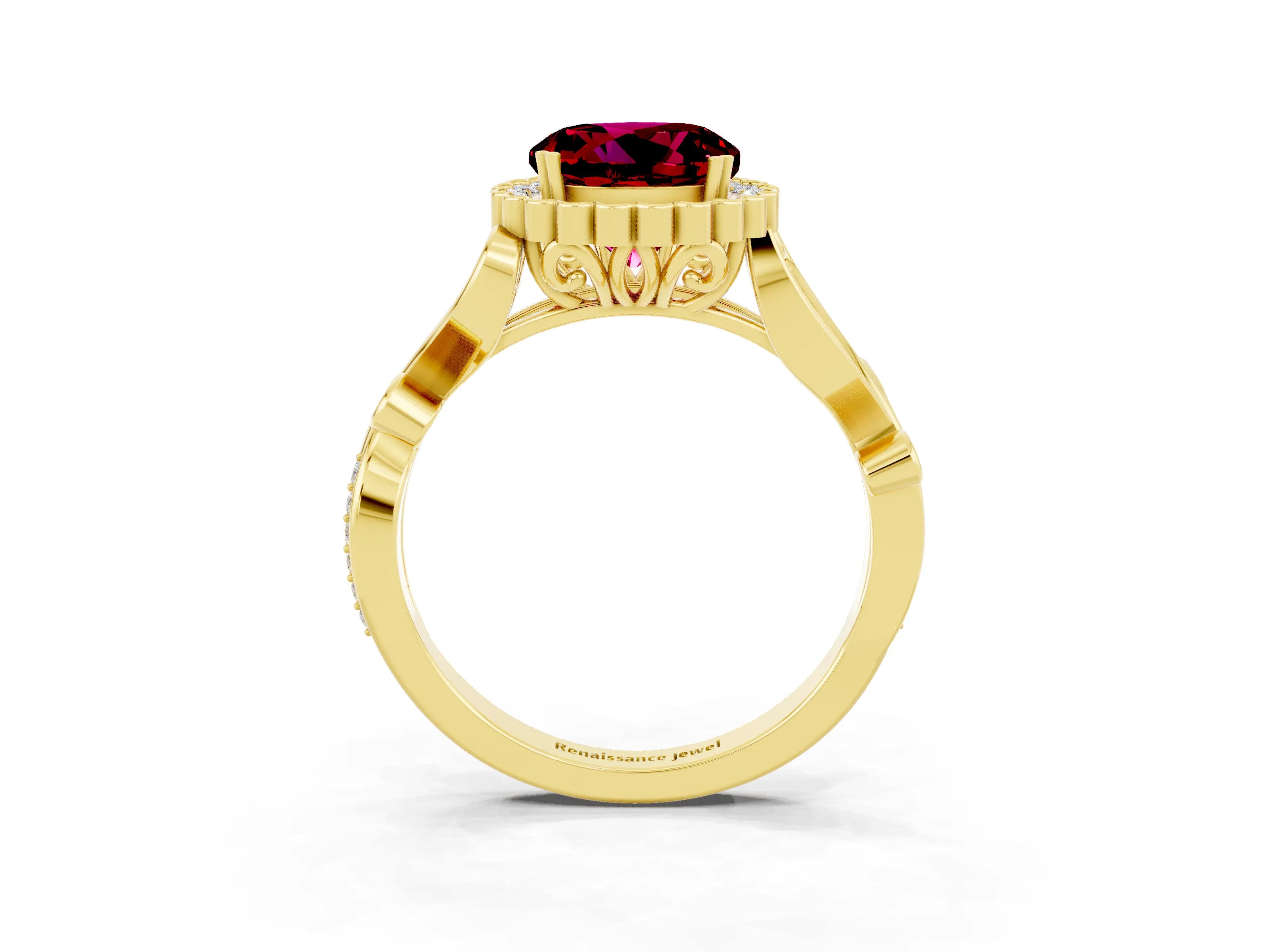 Yellow gold Round Cut Garnet Halo Ring with Vintage Split Shank and Four-Prong Setting_22