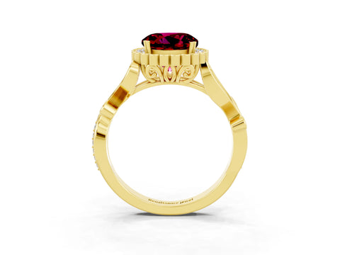 Yellow gold Round Cut Garnet Halo Ring with Vintage Split Shank and Four-Prong Setting_22