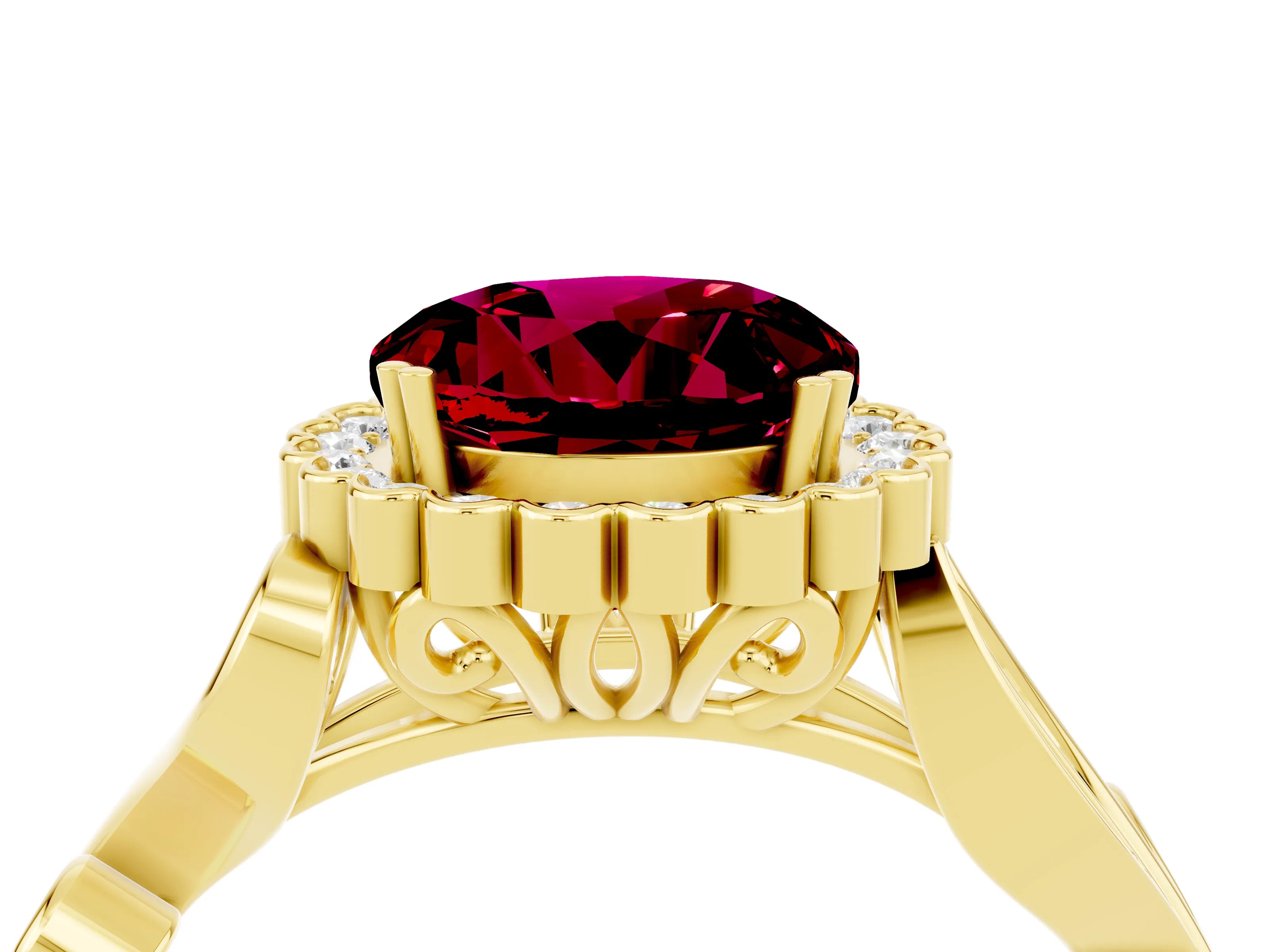 Yellow gold Round Cut Garnet Halo Ring with Vintage Split Shank and Four-Prong Setting_23